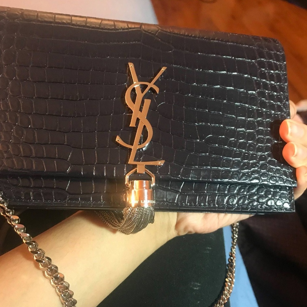 SOLD YSL Kate Wallet on Chain Croc-Embossed Navy - Picture 3 of 8